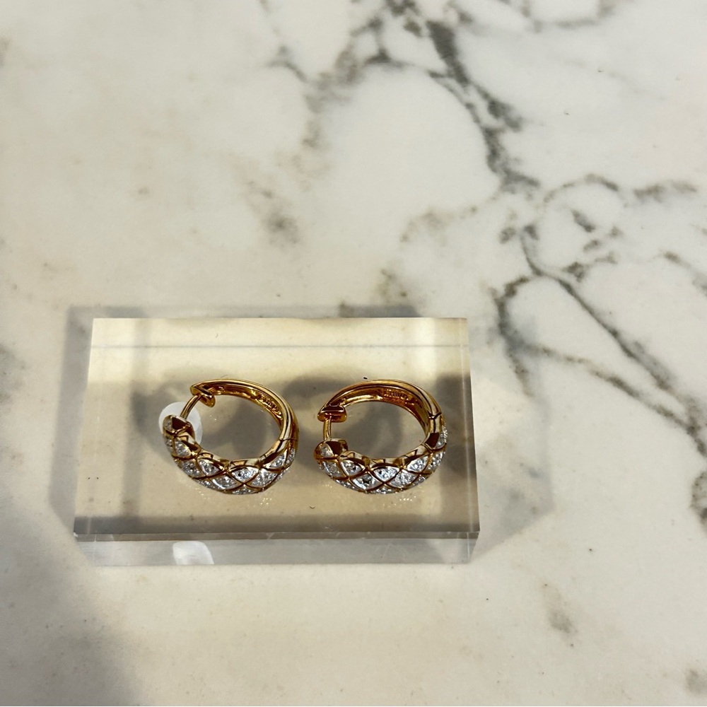 925 Silver Gold Toned & Rhinestone Huggie Hoop Earrings - Picture 2 of 4